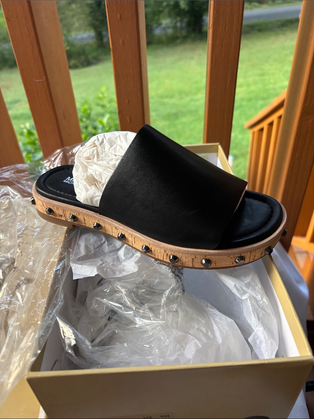 MICHAEL Michael Kors Black Ellen Leather Slide with Cork-Trim and Studs Size 5
